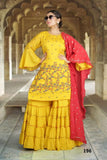 MUSTARD SILK KURTA WITH EMBROIDERY ON HEM PAIRED WITH SHARARA AND DUPATTA
