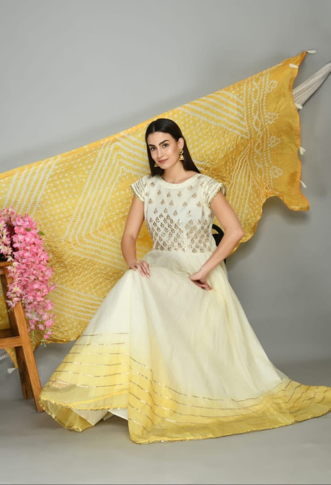 OFF WHITE SILK PARTY WEAR GOWN WITH DUPATTA