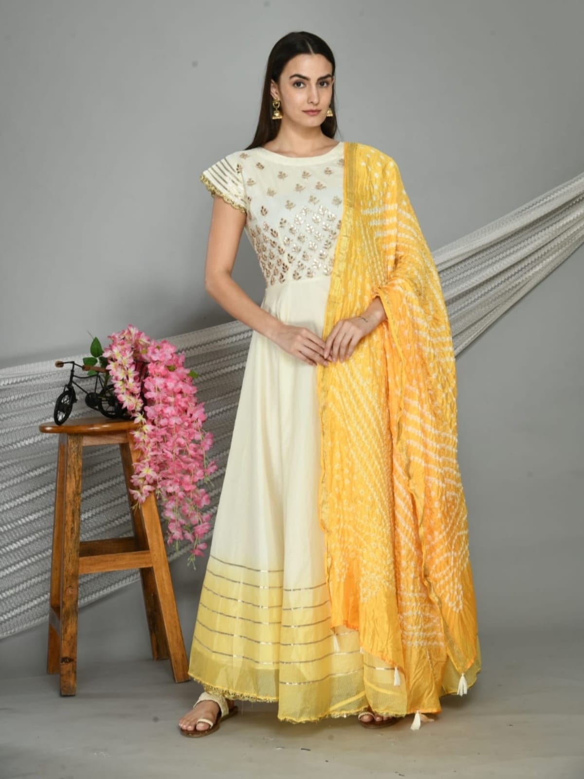 OFF WHITE SILK PARTY WEAR GOWN WITH DUPATTA