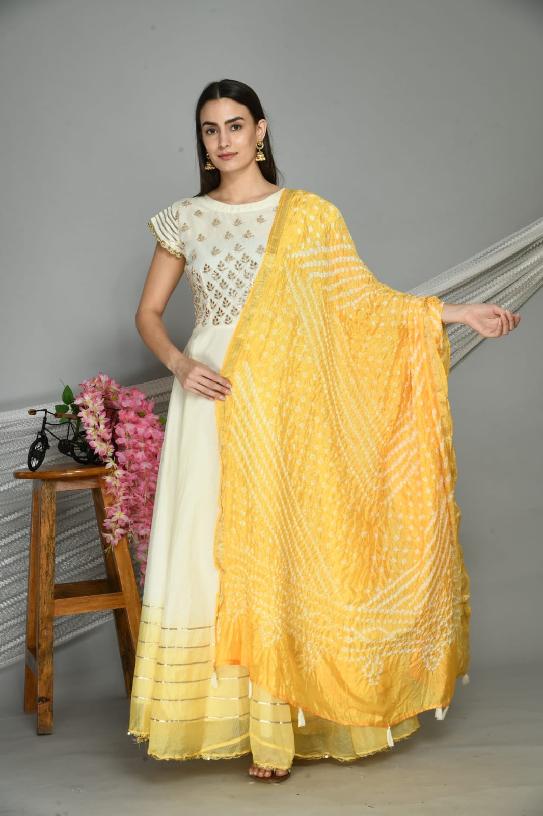 Yellow And White Gown with Work on Yoke Paired With Bandhej Silk Dupatta
