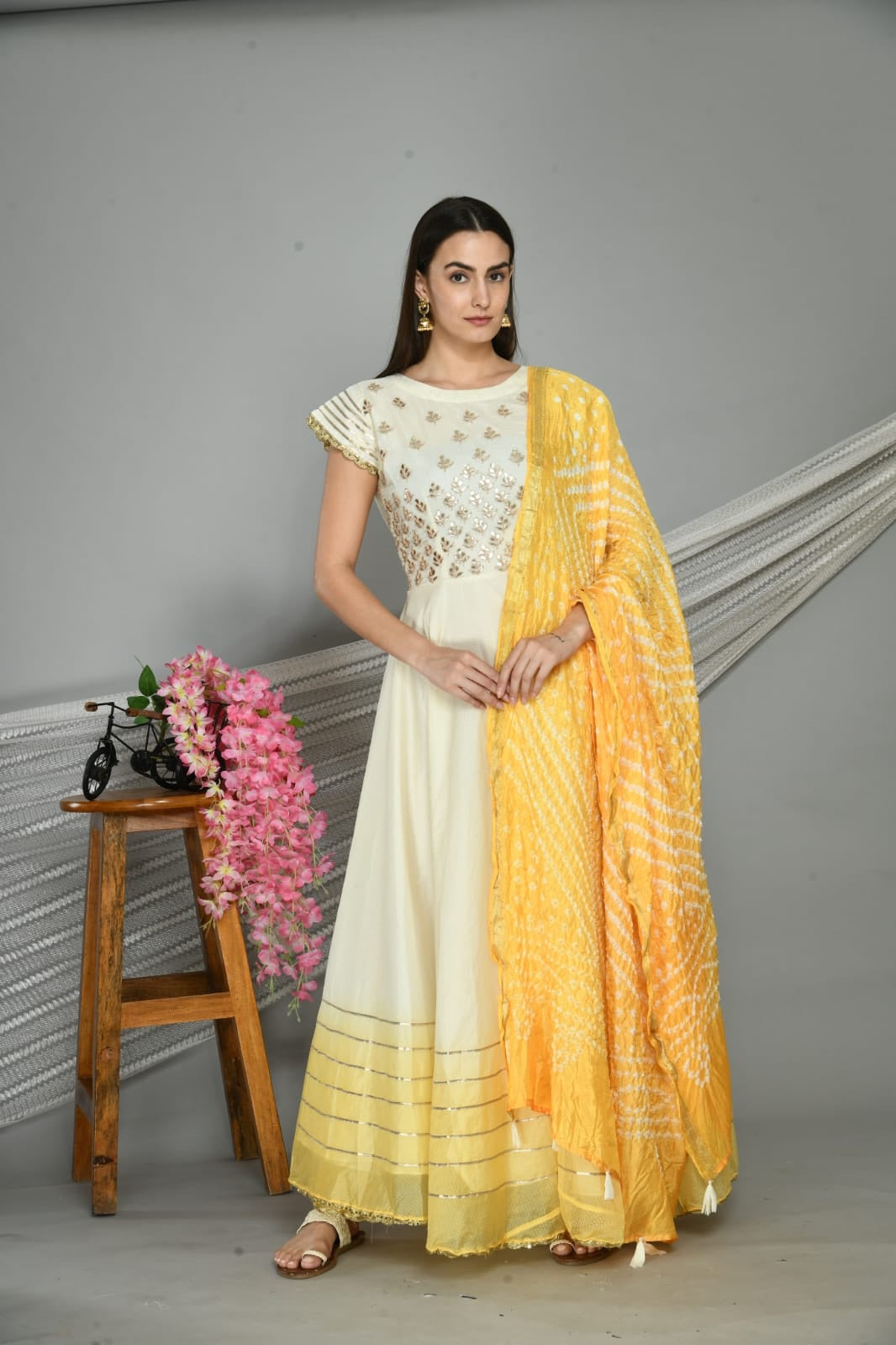 Yellow And White Gown with Work on Yoke Paired With Bandhej Silk Dupatta